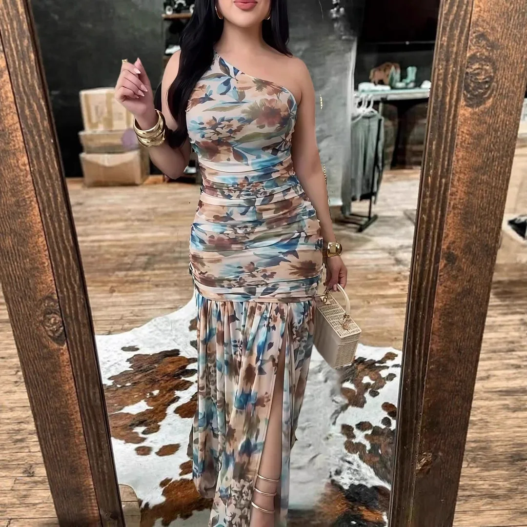 

2026 European and American Women's Clothing Digital Printed Shoulder Sleeveless Dress Split Dress
