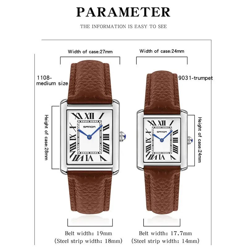 SANDA jam tangan pasangan, jam tangan kuarsa tahan air kasual modis wanita pria tahan aus tali kulit desain Dial persegi hadiah kekasih