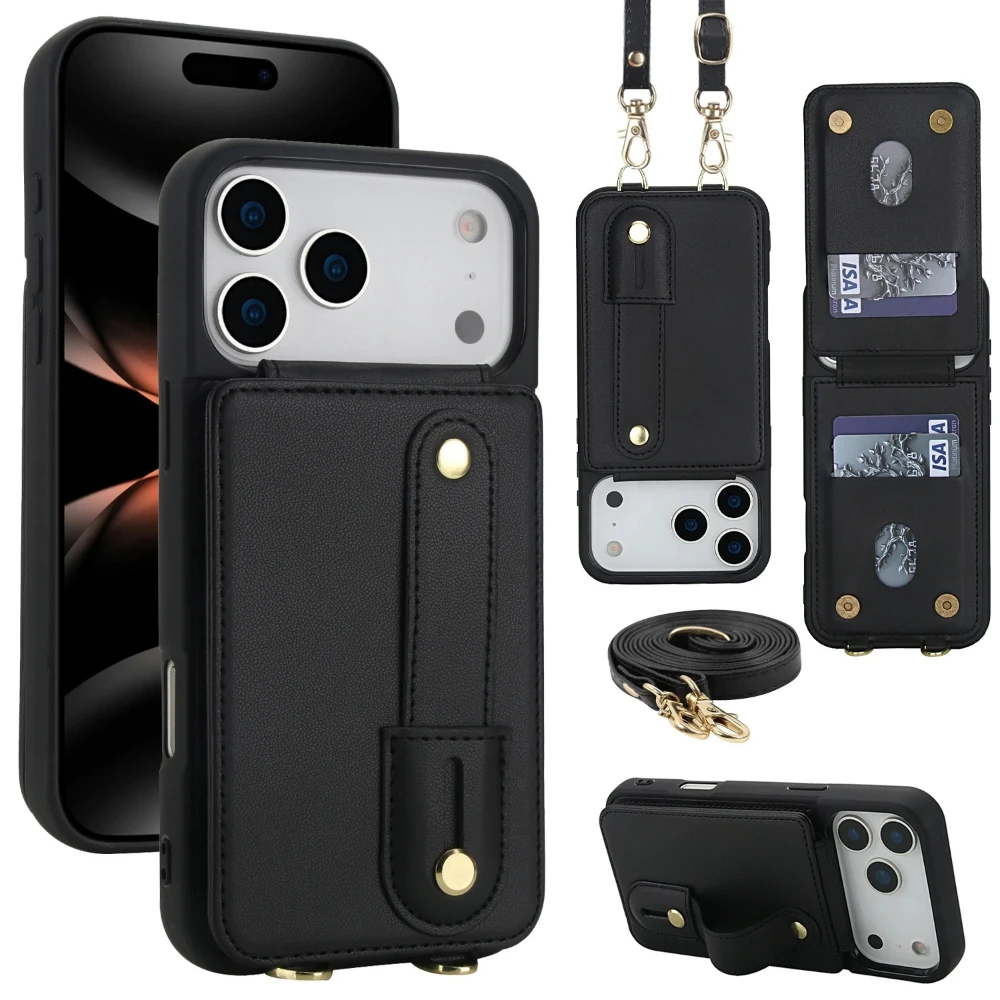 

Кожаный чехол через плечо с ремешком на запястье для iPhone 17 Pro Max Air 16 E 15 Plus 14 13 12 11 Xs Xr, держатель для карт, откидная крышка-бумажник