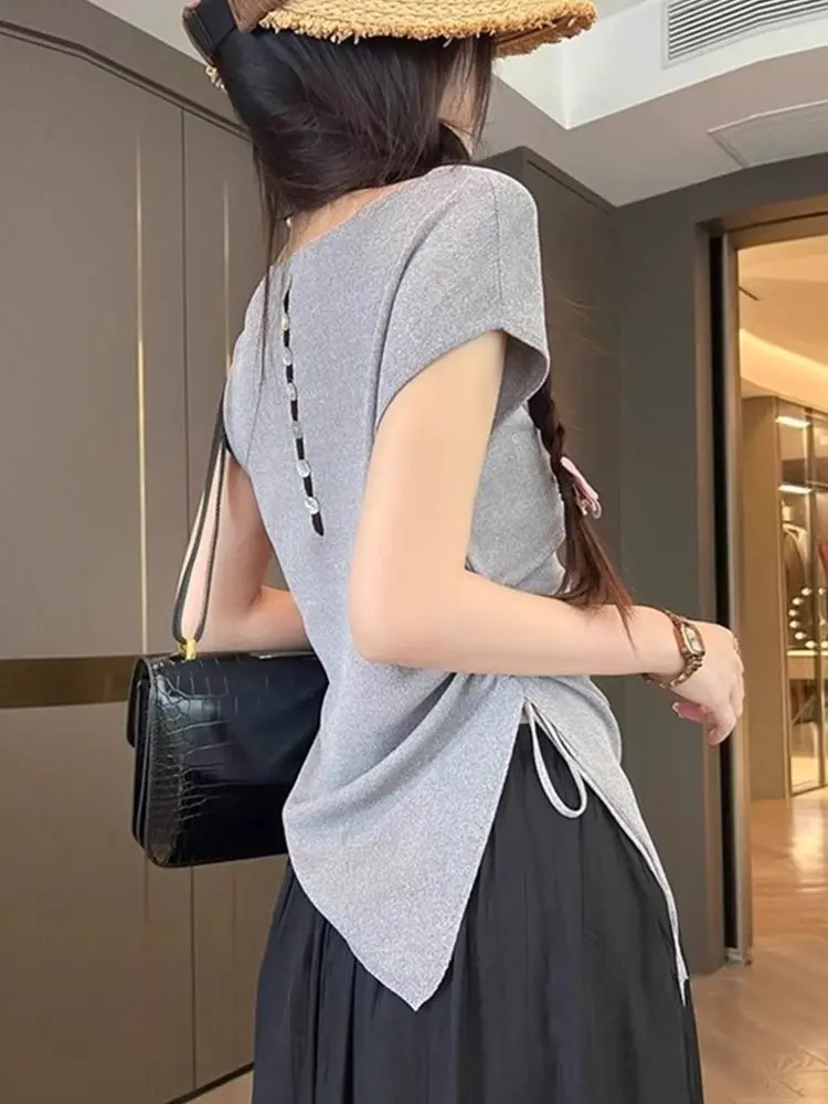 Summer Y2k Clothing Hollow Out Back Design Top V-neck Slim T-shirt Sleeveless New Solid Ice Silk Knitwear Women Pullover Chic