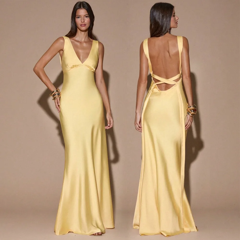 Women Elegant A Line V Neck Long Solid Color Waist Cinched Sleeveless Bodycon Dress for Wedding Guest Party Prom Wedding Party