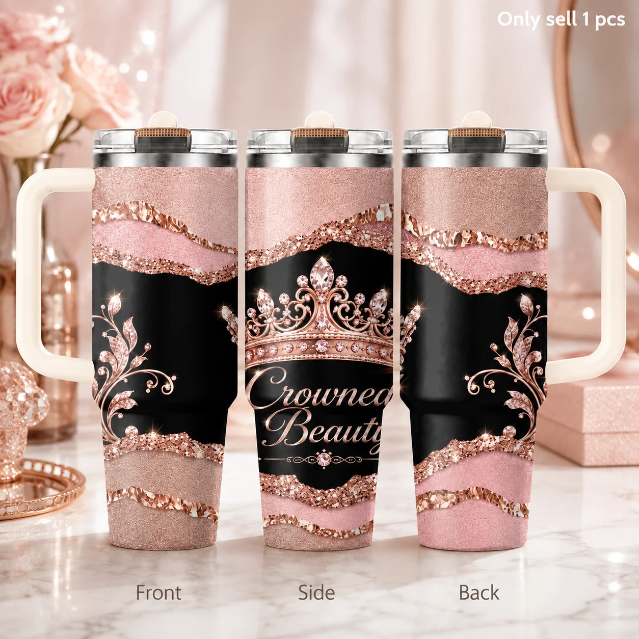 Crowned Rose Gold Queen Glam Vacuum Flasks 40oz 3rd Gen Vacuum Insulated Stainless Steel Tumbler Cup With Handle Straw Lid