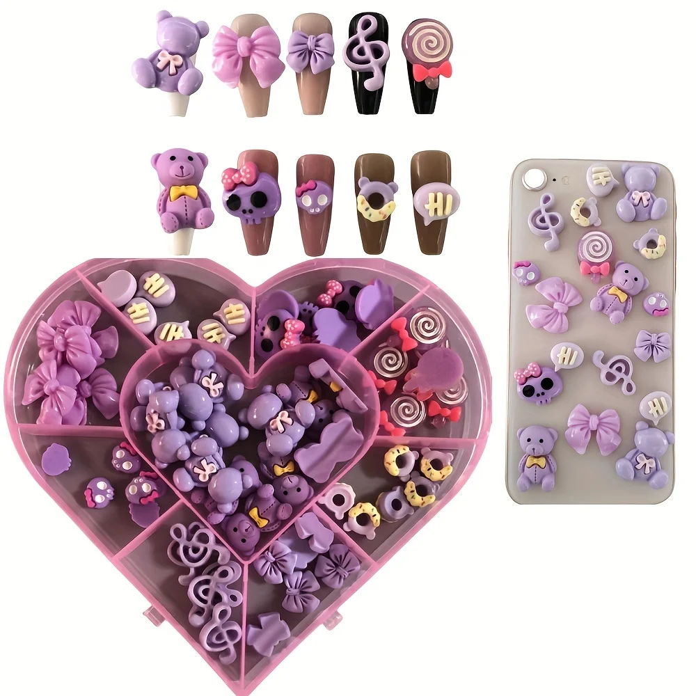 

60Pcs Y2K Purple Kawaii Teedy Bear Music Note Long Nail Art Decoration Charm Custom Junk Phone Case Ipadjunkcase Accessories