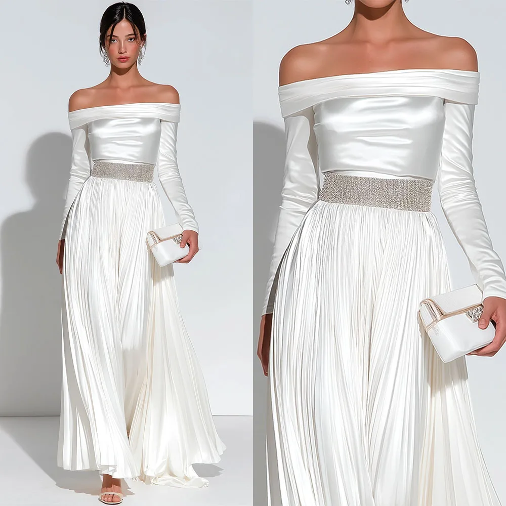 Haute qualité personnalisé bretelles blanc cheville longueur perlée plis robes Elegantes Para Mujer Para Una Boda Ballkleider فسات