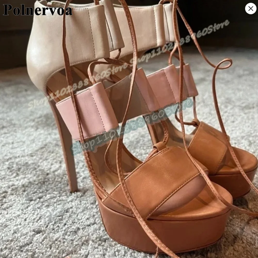 

Casual Mixed Leather Platform Cross Tied Sandals Spike High Heel Shoes For Women Back Zipper Open Toe Stylish Party Sandals