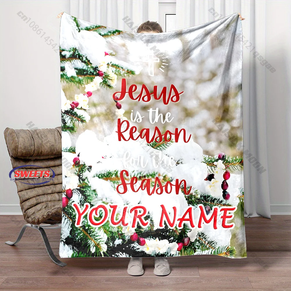 Custom Name Religious Christmas Blanket Jesus Cross Winter Snow Pine Flannel Throw Blanket Christian Family Xmas Gift
