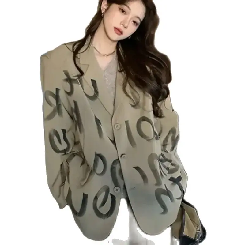 Spring Autumn Large Size Suit Jacket Women 2024 New Fashion Loose Casual Tops Printing coat Vintage Button Blazer Female