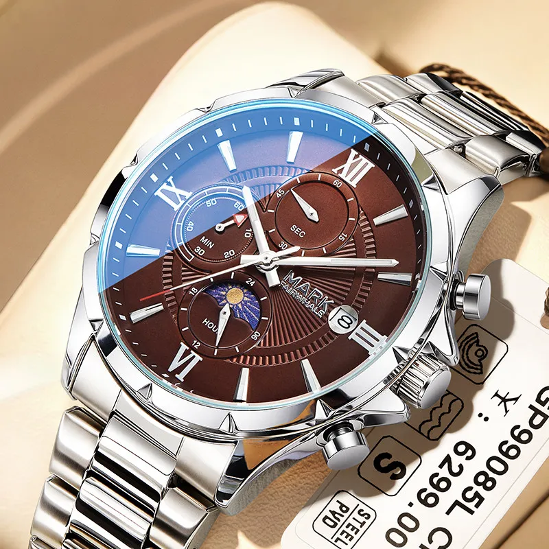 

Mark Fairwhale Business Quartz Wristwatch Moon Phase Date Display Steel Strap Casual Watch for man reloj hombre