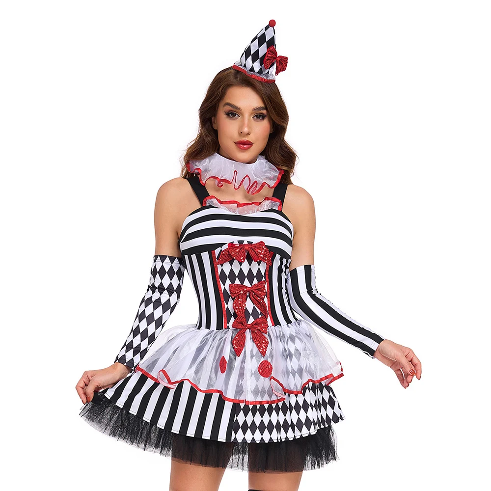 

Black White Clown Dress Carnival Halloween Joker Cosplay Costume Day of The Dead Outfit Women Burning Man Clothing