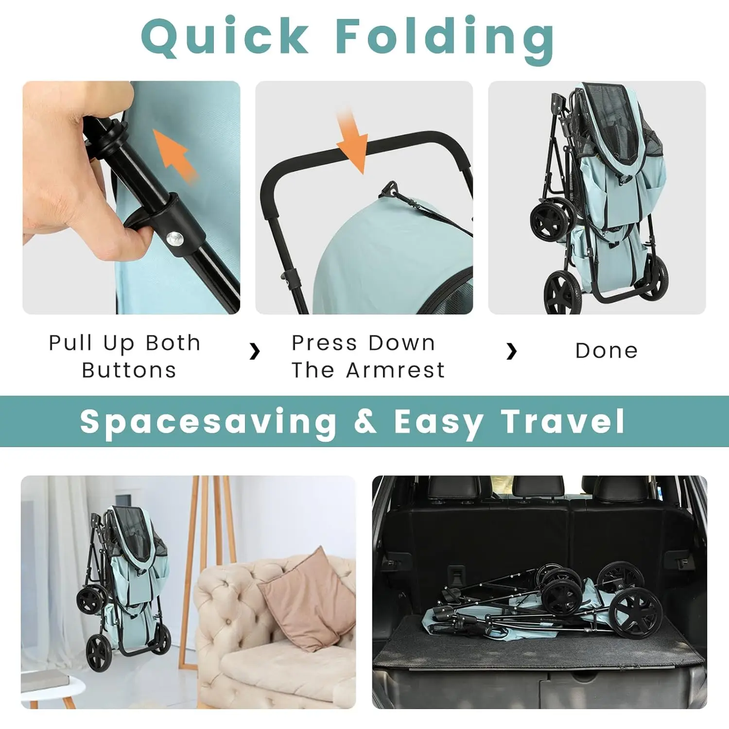 عربة أطفال مزدوجة للحيوانات الأليفة 4 في 1 للكلاب والقطط، حاملان قابلان للفصل، 4 عجلات قابلة للقفل لعربات القطط للقطط، قابلة للطي