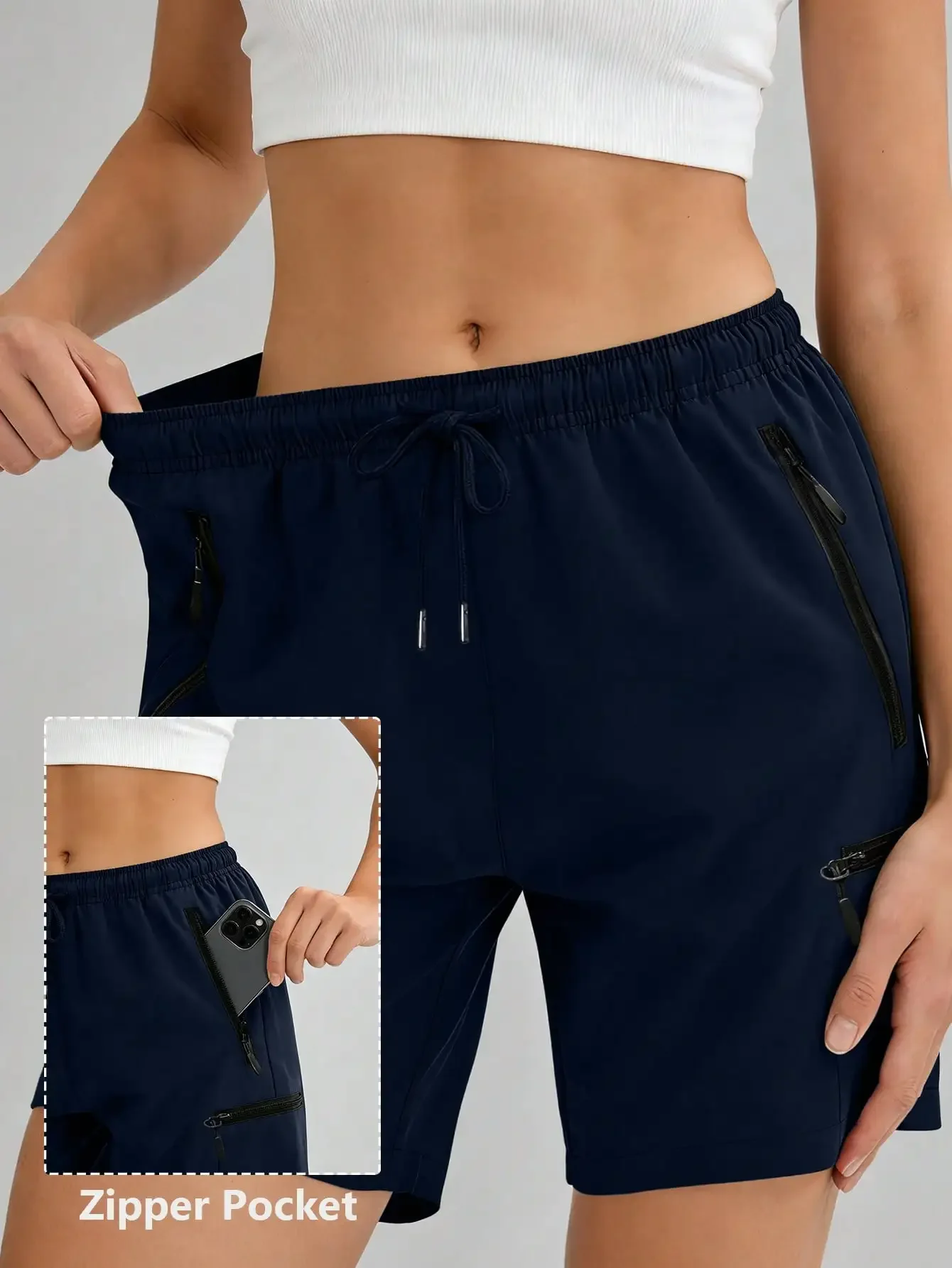 

Women Outdoor Hiking High Stretch Waterproof Breathable Athletic Shorts Adjustable Drawstring Waist Secure Zipper Phone Pockets Quick Dry Sweat Wicking Loose Slim Running Camping Daily Casual Beach Light Soft Summer Lady Sports Short Pants