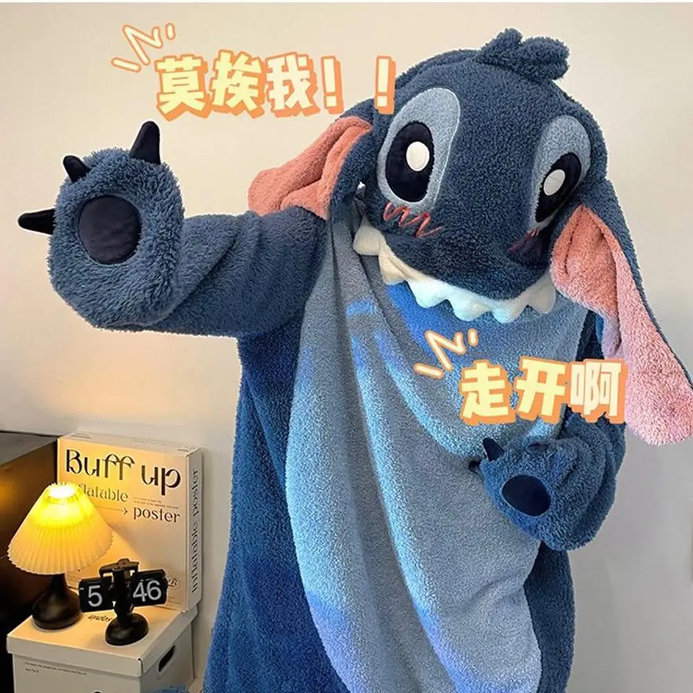 

Anime Stitch Nightgown Winter Women Large Size Loose Hooded Pajamas Thickened Coral Velvet Dormitory Pajamas Girls Home Clothes