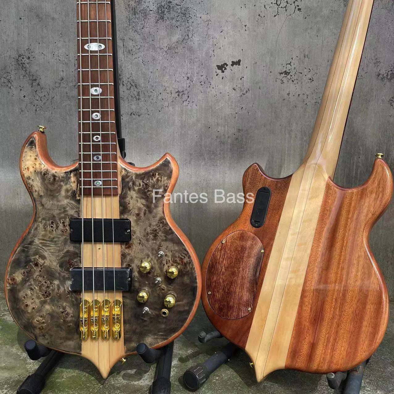 Custom Fantes Bass Alemb style 4 Strings Neck Thru Body Electric Guitar Bass Factory Burst Maple Top 9V Active Pickup