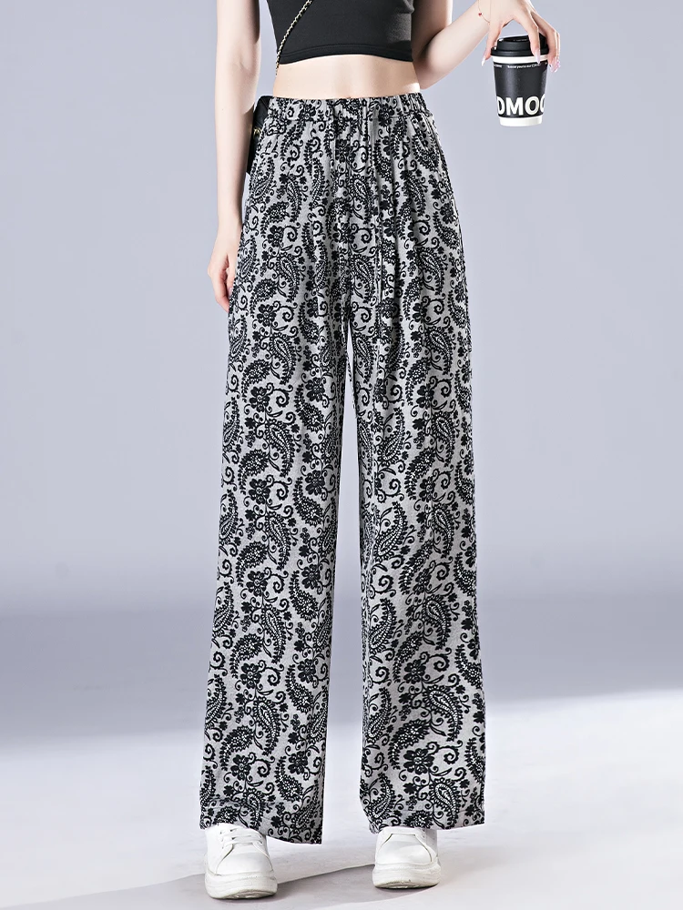 

Широкие брюки из ледяного шелка для женщин, летние, тонкие, с высокой талией, свободные, прямые, повседневные, в стиле lazy style, свободного кроя