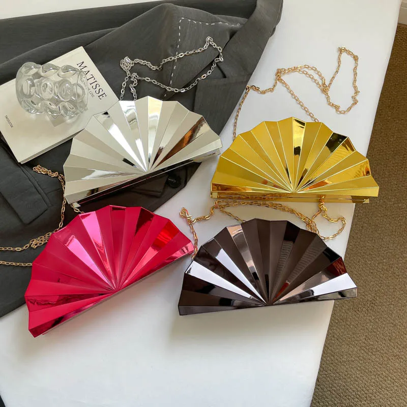 

2026 New Luxury Evening Bag for Women Fashion Fan Shape Sequin Clutch Acrylic Evening Purse with Necklace