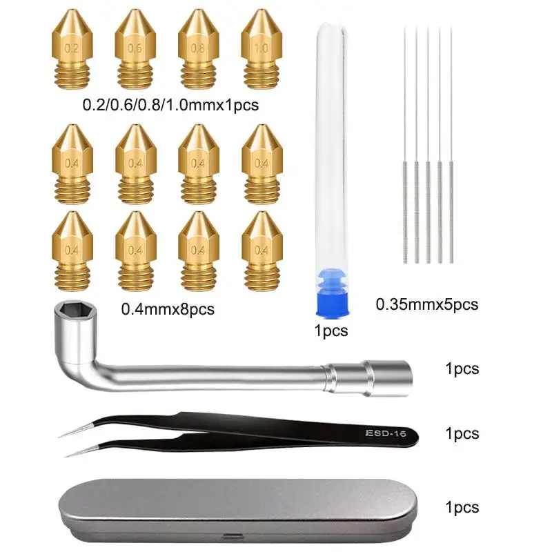 

21 Pcs 3D Printer Nozzle and Cleaning Kit 0.4 Mm Mk8 Nozzles 0.35 Mm Needles and 1 Pack Tweezers Tool Kit Stainless Steel