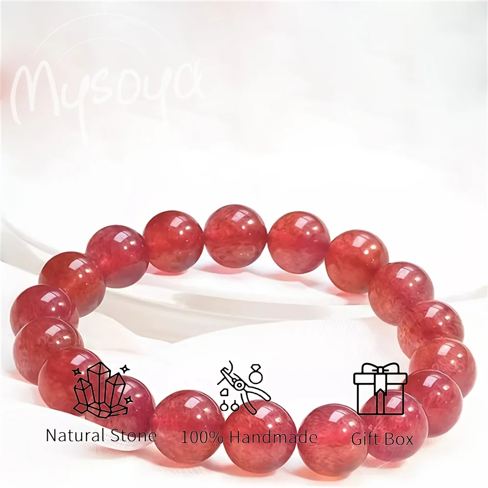 

MYSOYA Premium Natural Strawberry Quartz Bead Bracelet Peach Pink Crystal With Gift Box, Birthday Gift, Valentine’s Day