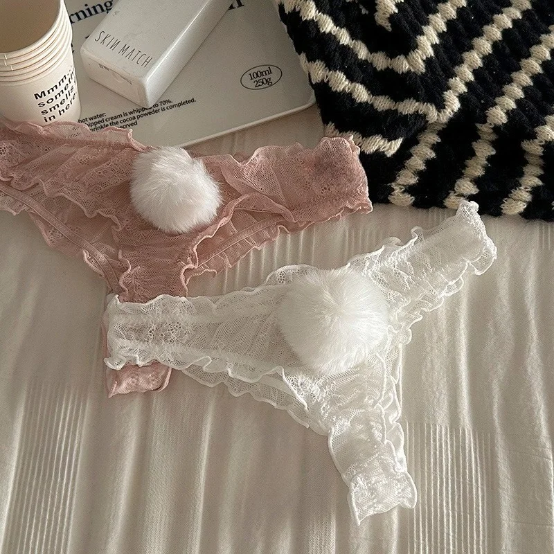 1/2/3 Pcs Women Thongs Lace Mesh Cotton Thongs Panties Sexy Rabbit Tail Waist Detachable Female Ling