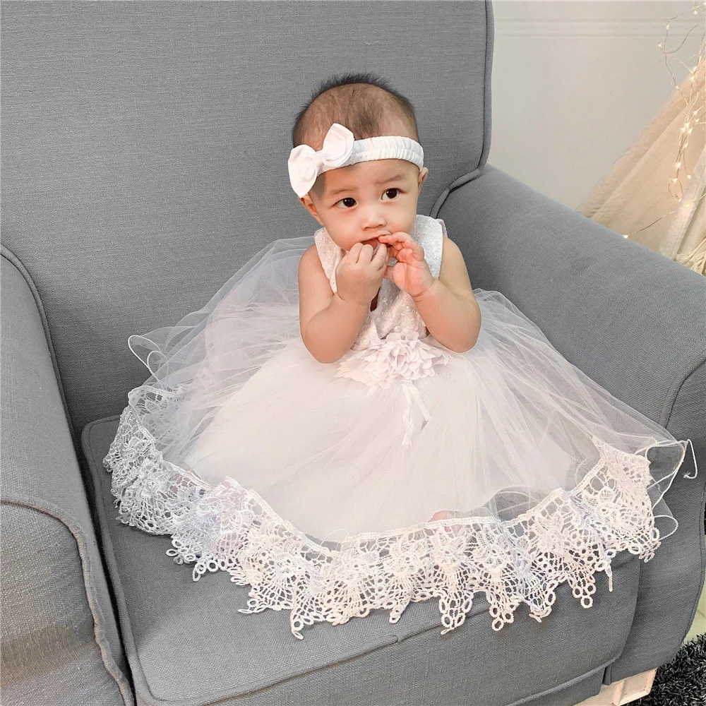 Newborn White Dress for Baby Girl Clothes 0 12 Months Infant Christening Dress+Headband Toddler Birthday Wedding Party Outfit