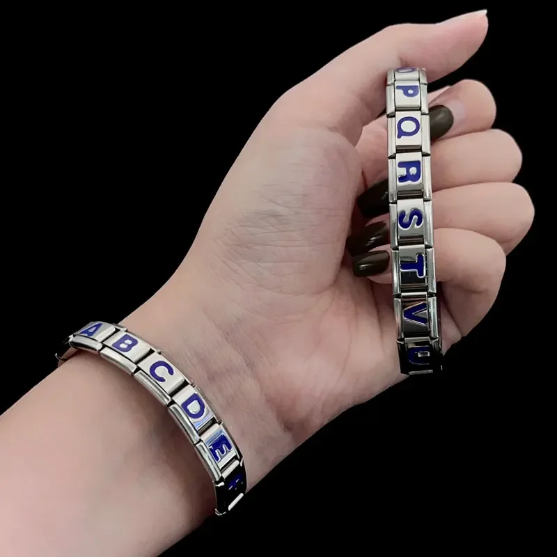 Hot Selling DIY Module Italian 26 Letter Stainless Steel Charm 9mm Bracelet Blue Letter Combination Bracelet Wholesale Gift