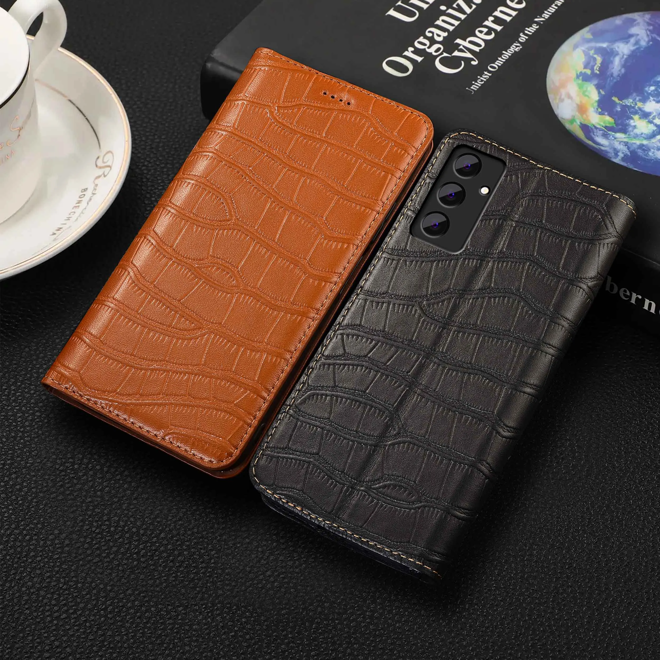 

For Samsung Galaxy A11 A21 A31 A41 A51 A71 A25 A55 A17 5G Crocodile Belly Pattern Genuine Leather Wallet Flip Phone Case Cowhide