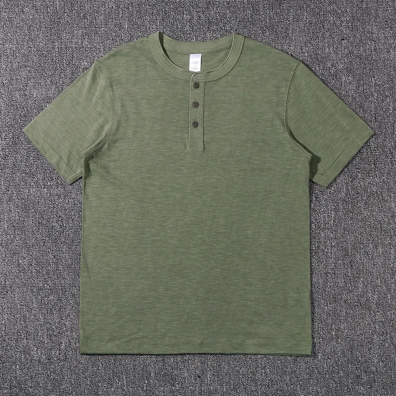 Ami الكاكي الثقيلة الخيزران القطن الرجال قصيرة الأكمام تي شيرت هنري طوق الأمريكية الرجعية فضفاضة لينة قاع قميص الصيف #5