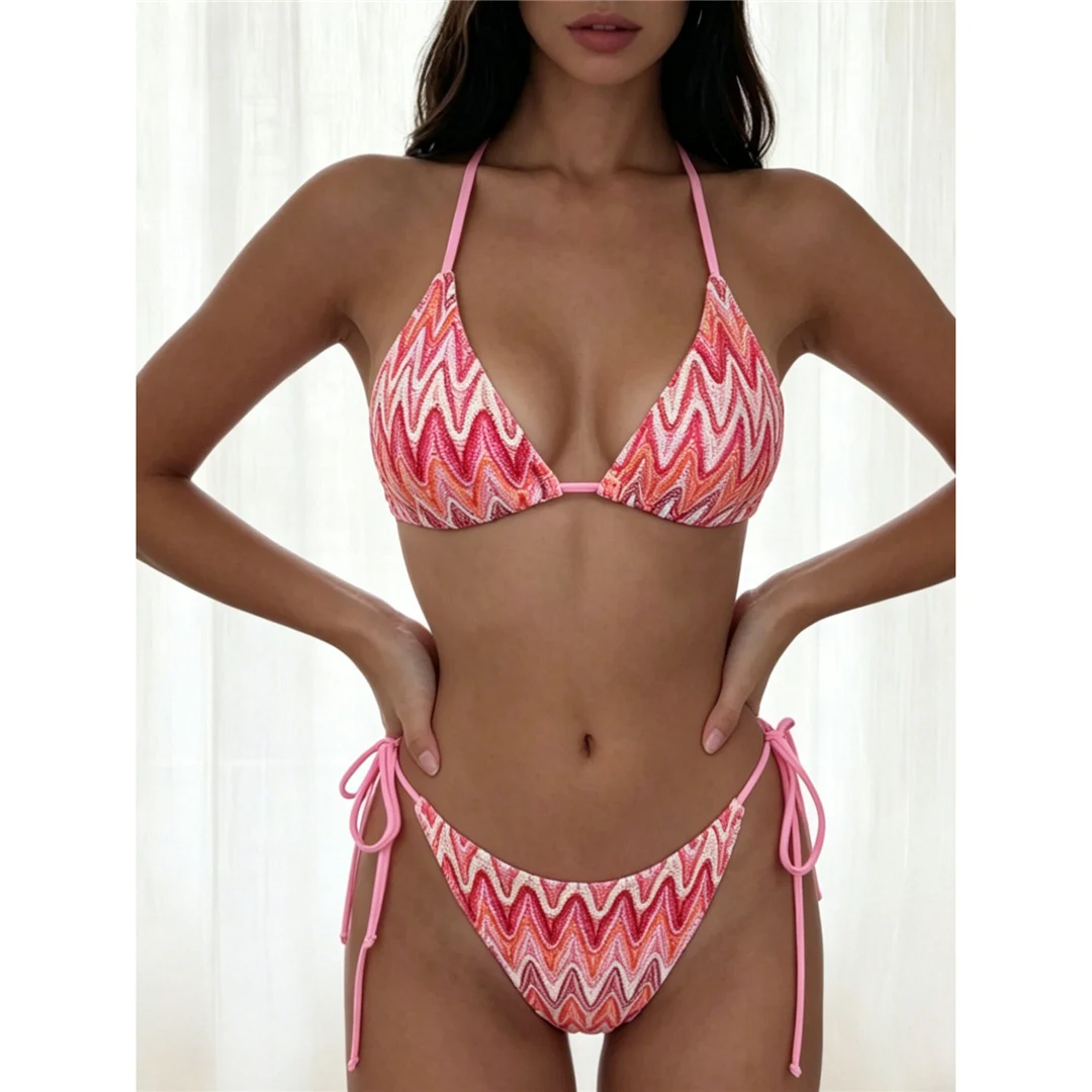Bedruckter Neckholder-Bikini, Damen-Badeanzug, zweiteiliges Bikini-Set, hoher Beinausschnitt, mit Trägern, Badebekleidung, Badeanzug, Modell V8176. – Detail 4