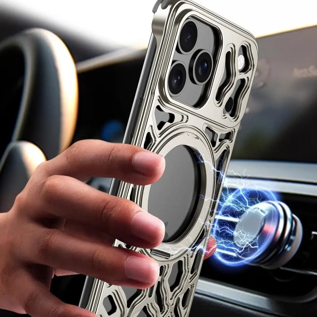 For iPhone 16, 15, 17 Pro Max phone cases, 360° rotating stand, magnetic safety protection, shockproof, car cooling shell