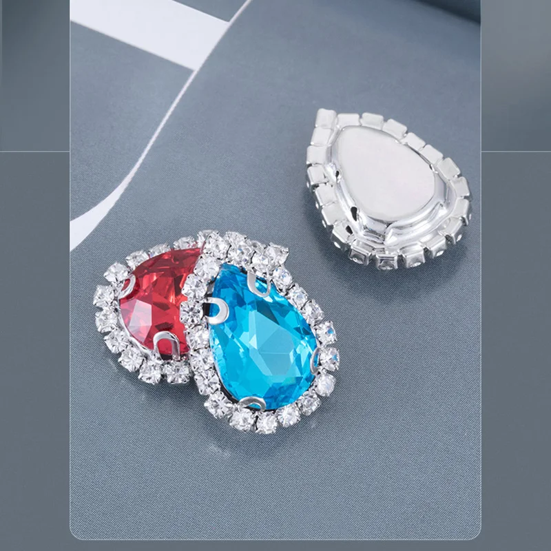 22 colori argento Base vetro strass di cristallo accessori per cucire, fibbia a forma di goccia cucire su pietre vestiti/fai da te/decorazione di