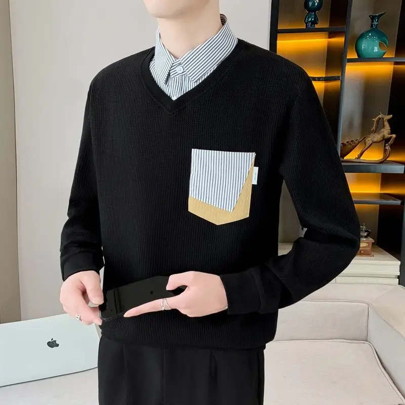 Korean Button Striped Pockets Men's Clothing Pullover Spring Autumn Lantern Long Sleeve Loose Fake Two Pieces Patchwork Tops