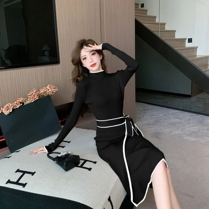 

Work Party Cover Up Half High Collar Crochet Dresses for Women Strap Outfits Designer Hot Loose One Pieces Woman Knitted Dress