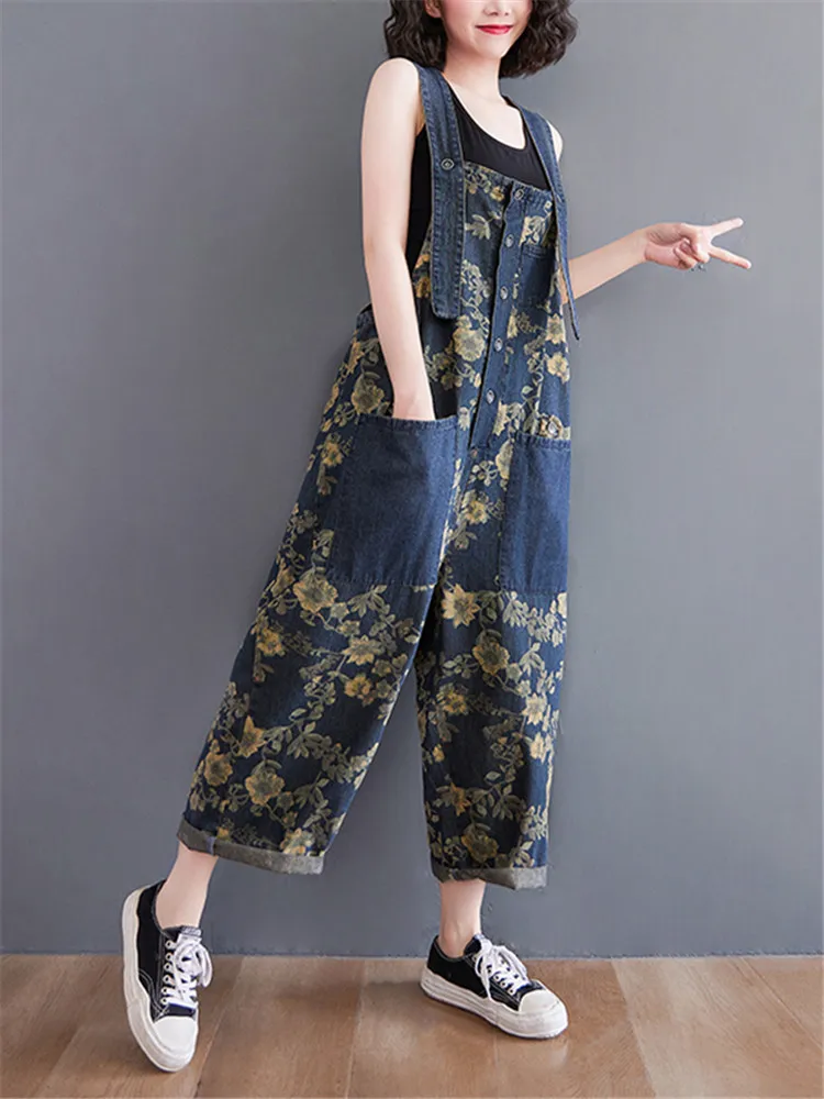 2024 primavera stampa floreale Denim tuta donna Vintage Streetwear salopette oversize salopette gamba larga allentata cinghie pantaloni larghi