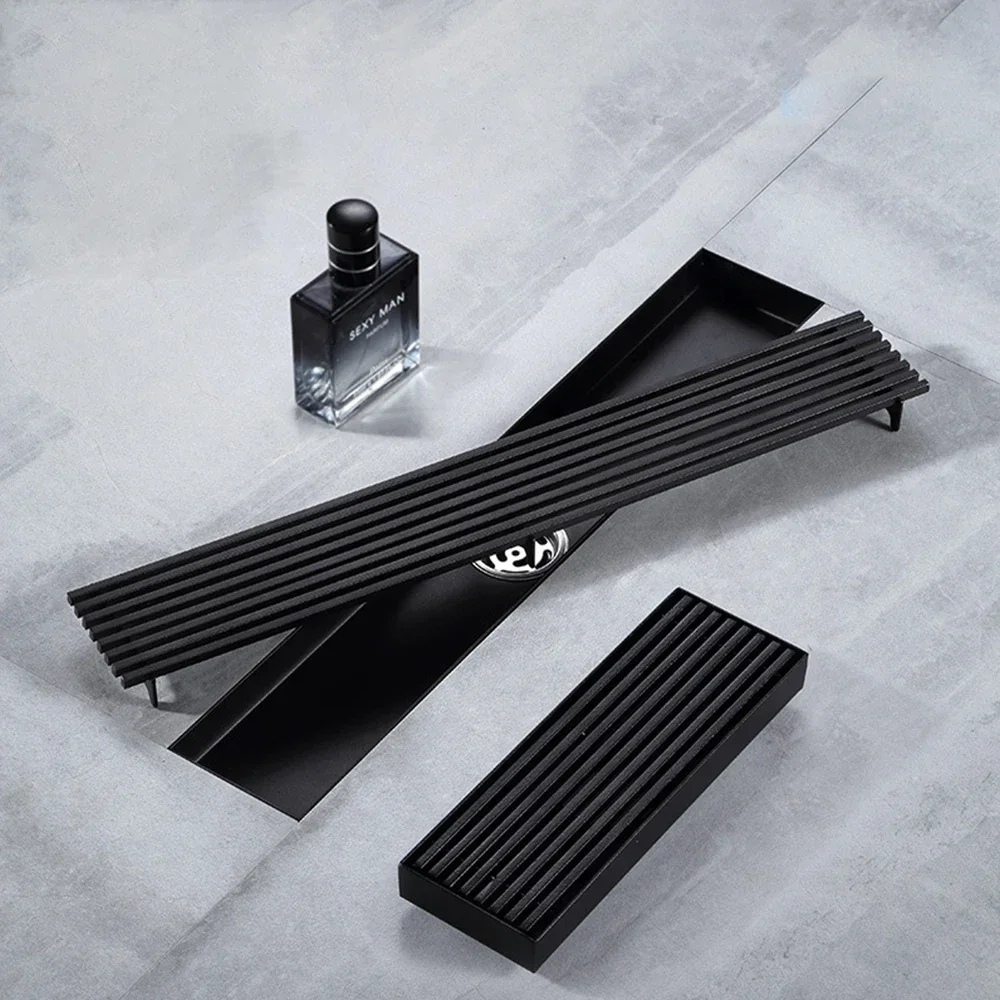 

Solid Stainless Steel Long Line Floor Drain 10-100cm Black Drainage Hardware Bathroom Balcony Floor Waste Drain
