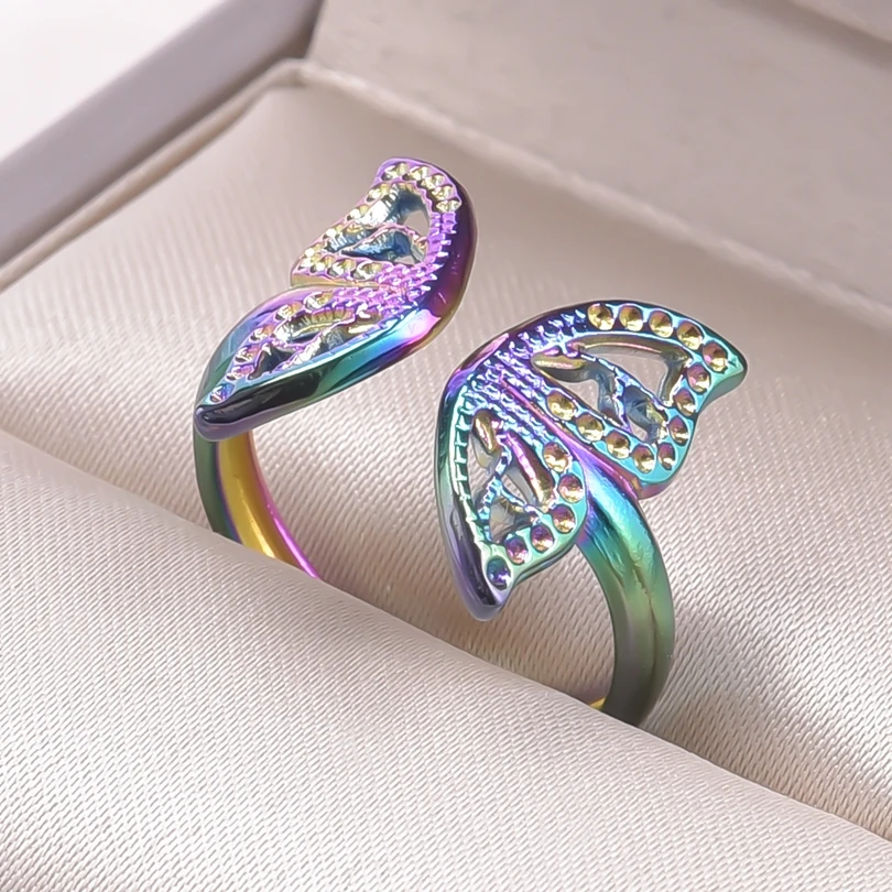 Adjustable Leaf Heart Butterfly Rings For Women Men Accessories Rainbow Colored Stainless Steel Ring Open Vintage Korean Jewelry