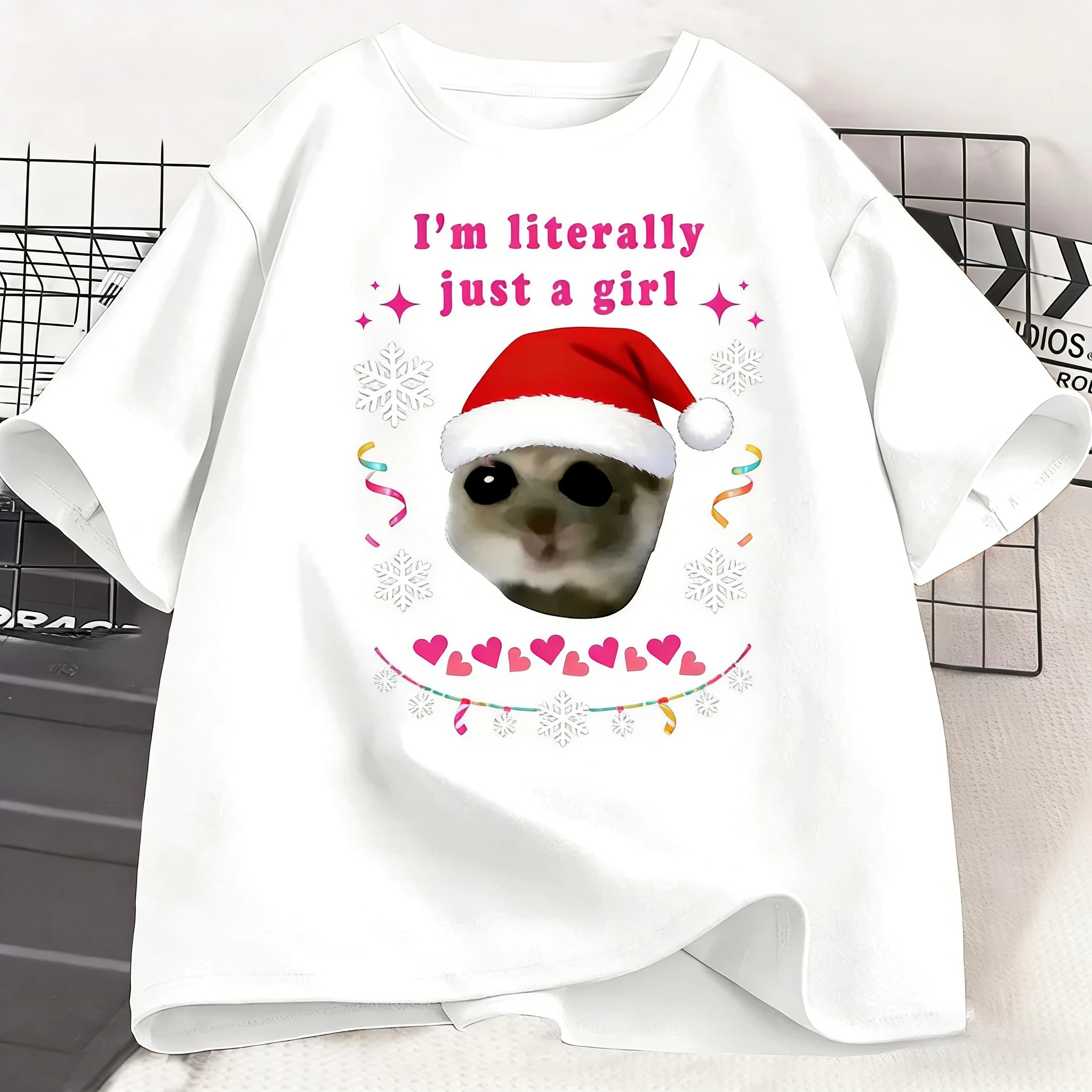 Hamster triste, je suis juste petite fille t-shirt col rond ample t-shirts graphiques drôles unisexe Couple correspondant haut Streetwear