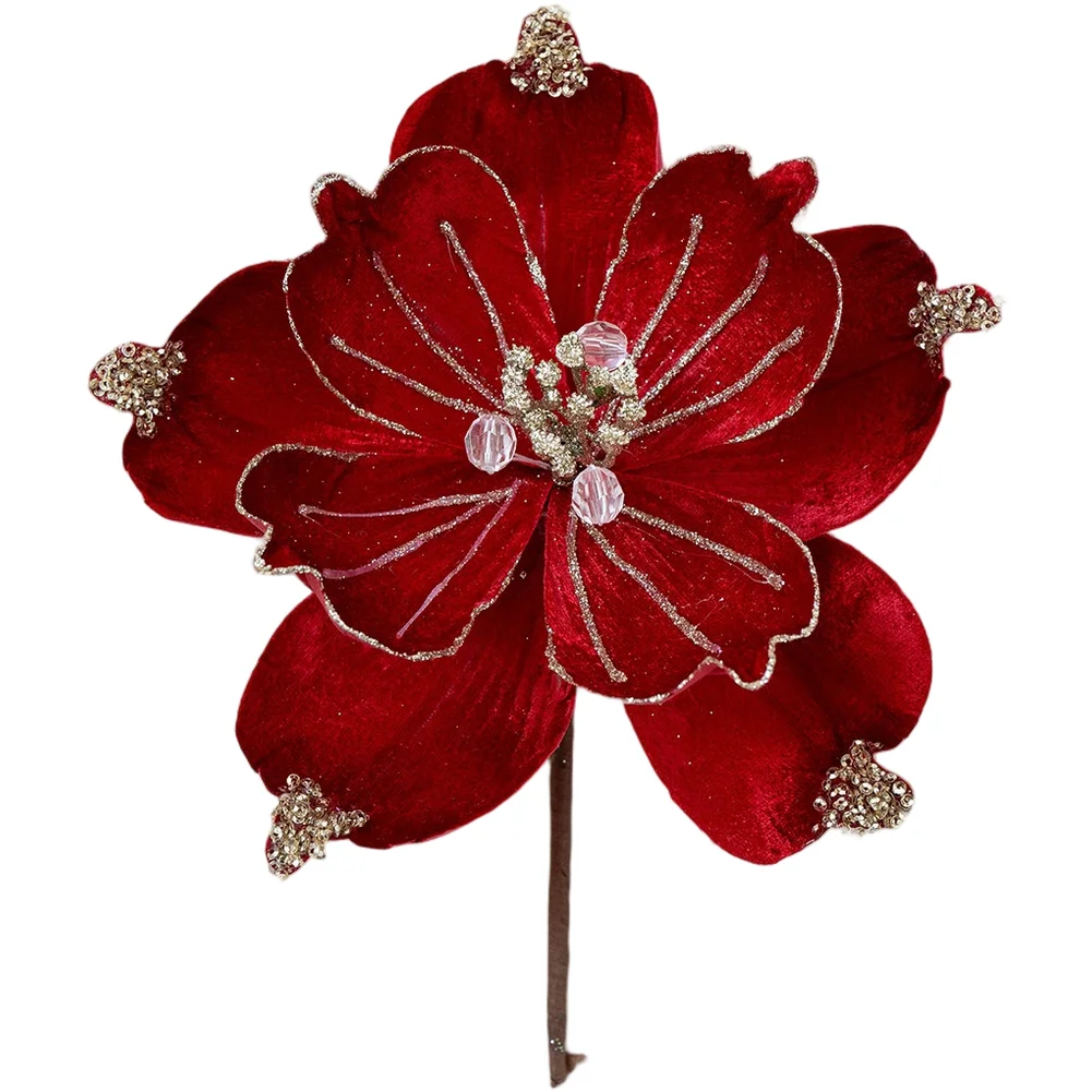 

Artificial Magnolia Flower Christmas Decoration in Fabric with Glitter Poinsettias 22cm for Seasonal Home and Tabletop Displays