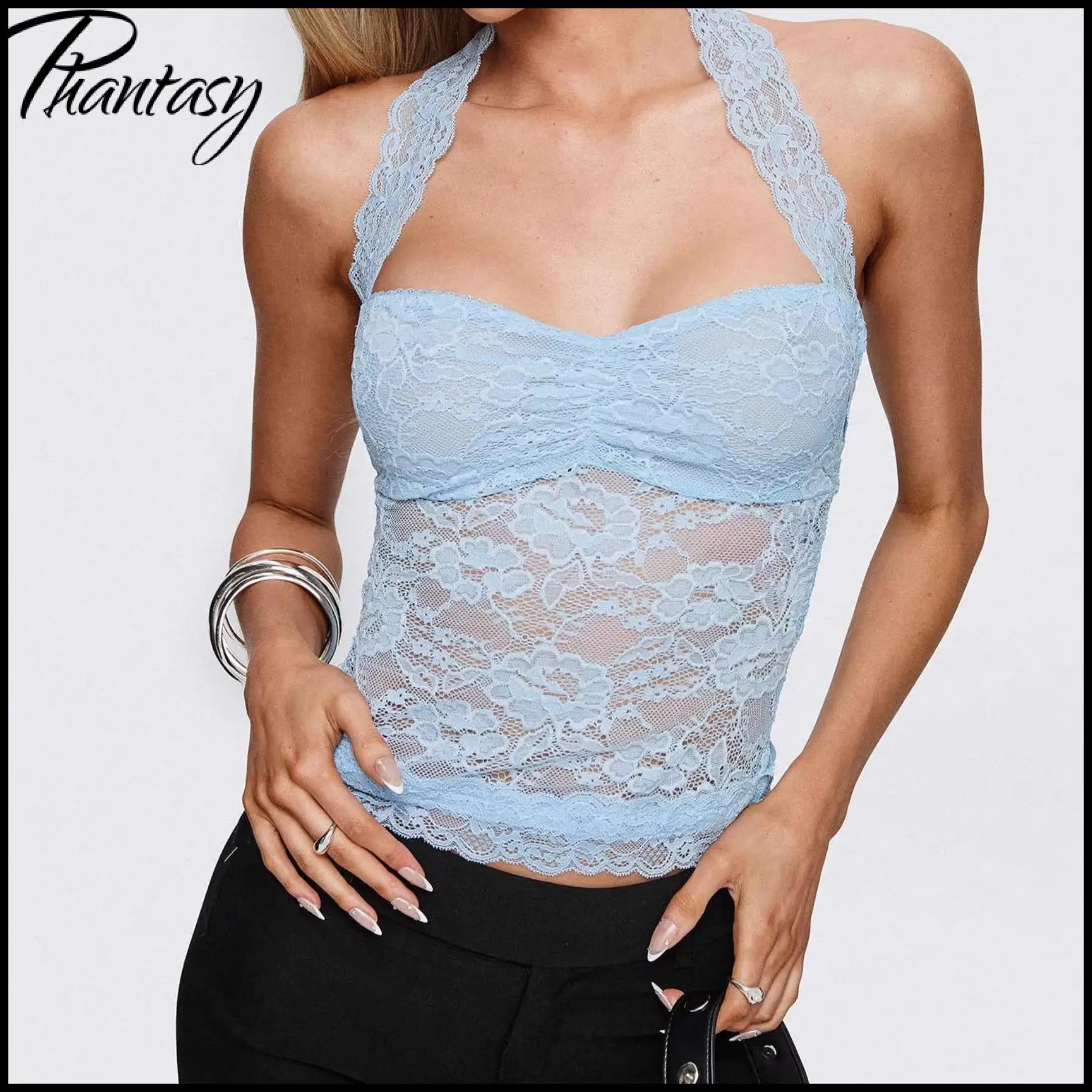 Phantasy Sexy See through Backless Blue Tank top Women Fashion Halter Lace Black Crop Top Summer Casual Streetwear Camisole
