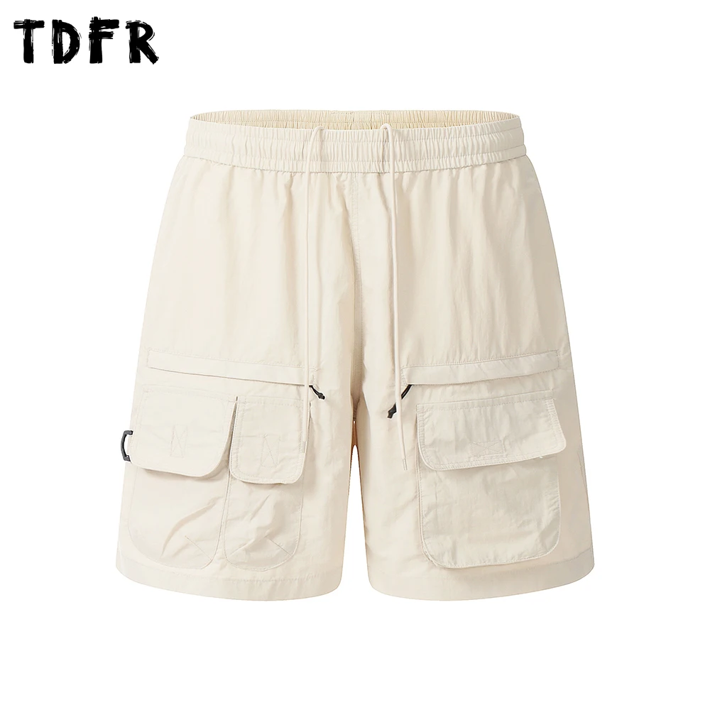 Multi-Pocket Cargo Shorts Mens Summer SolidColor Safari Style Drawstring Elastic Waist Baggy Wide Leg Knee-length Shorts Man