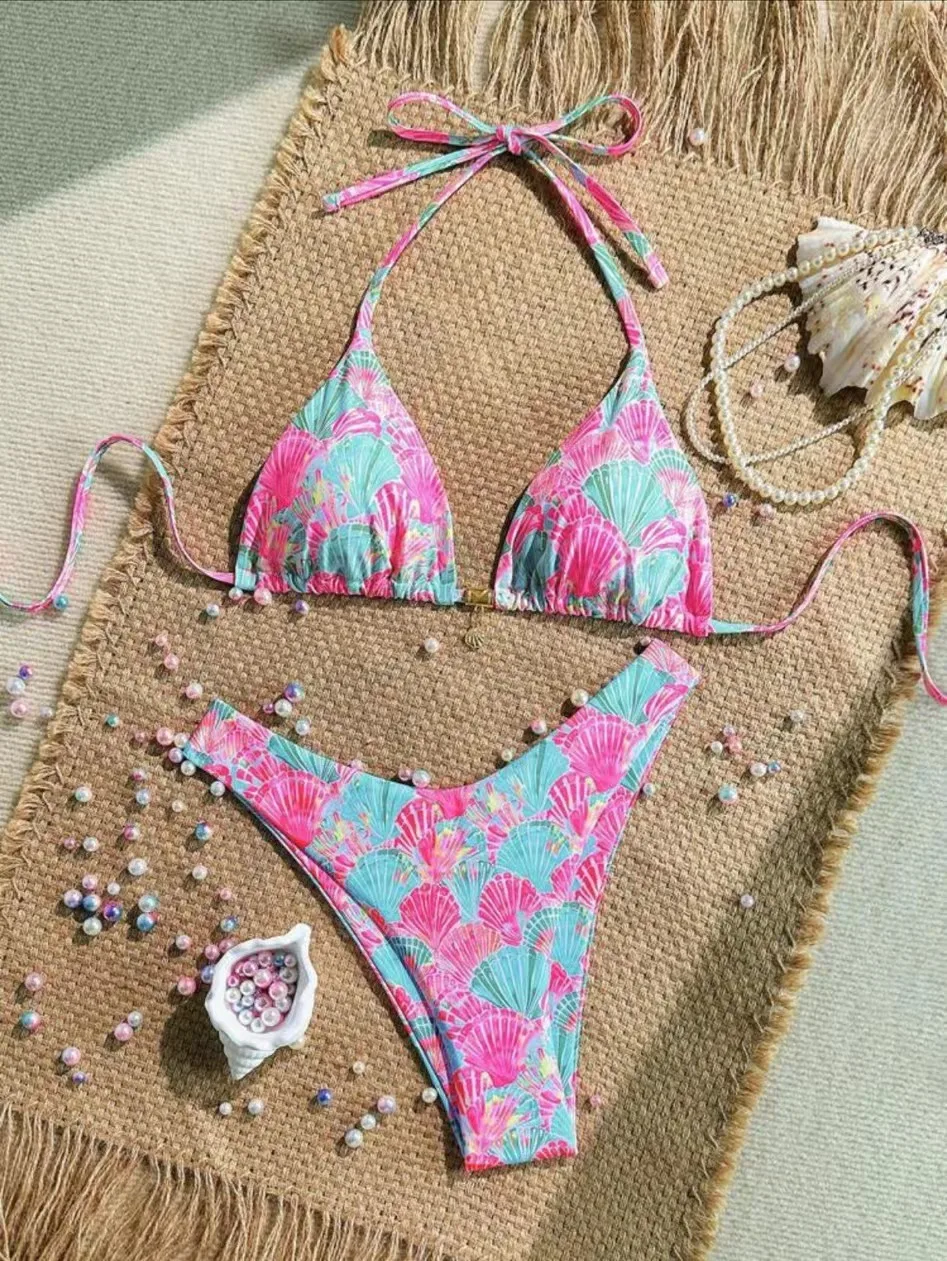 Conjuntos de bikinis sexys con estampado rosa para mujer, traje de baño de dos piezas con colgante de lazo halter, ropa de playa, traje de baño, bikini trikini