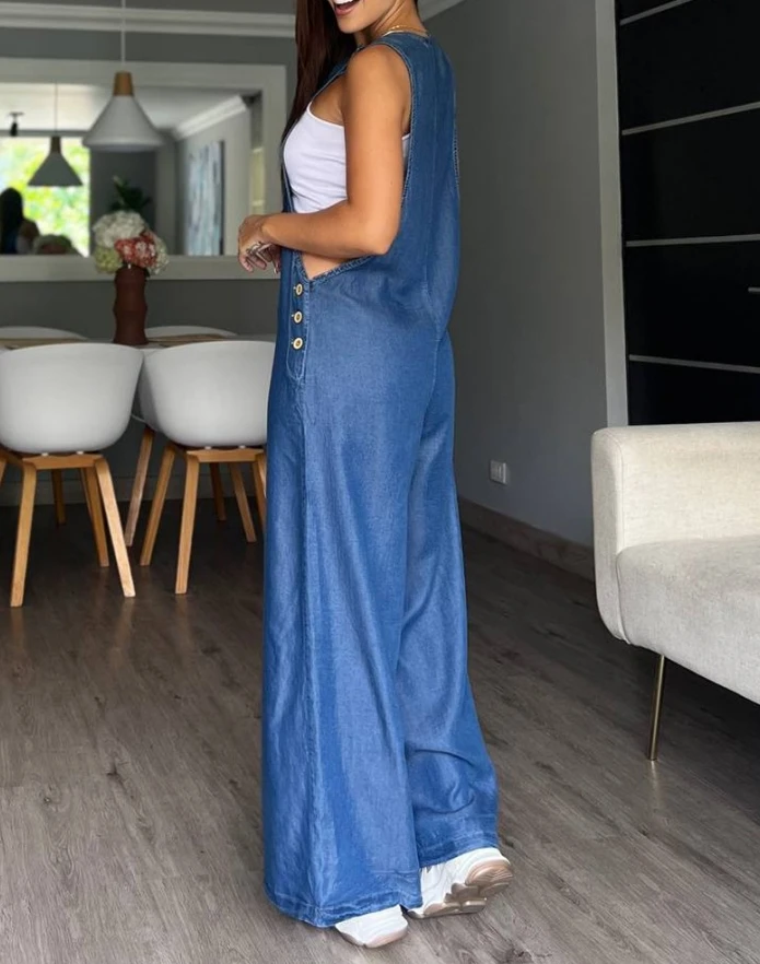 Women's Casual Jumpsuit 2024 Summer Fashion Street Denim Look Print Wide Leg Suspender Jumpsuit High Waisted Loose Long Jumpsuit