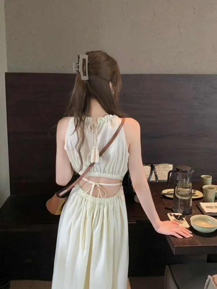 Vestido F Longo Sem Mangas, Estilo Praia, Com Decote Costas Nuas, Sem Alças, Com Cintura Ajustada, Para Férias de Verão