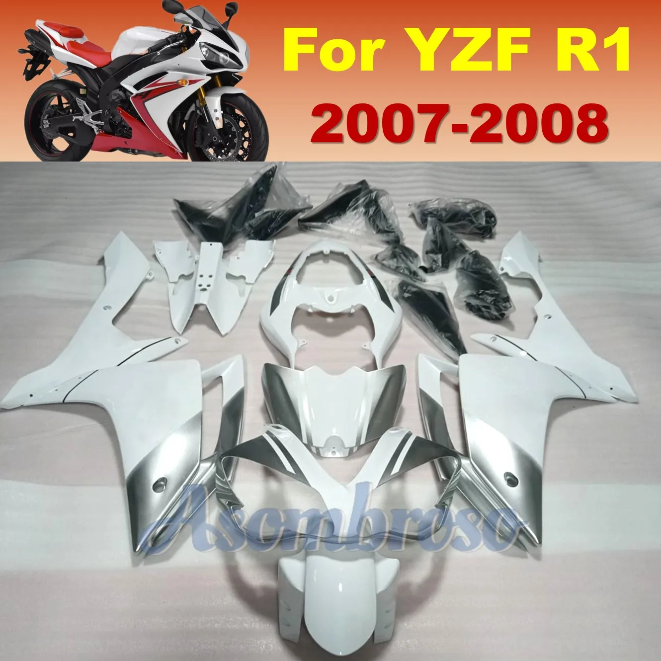 

Комплект обтекателя краски подходит для Yamaha YZFR1 2007 2008 yzf r1, обтекатели мотоцикла, серебристо-серый, белый комплект кузова