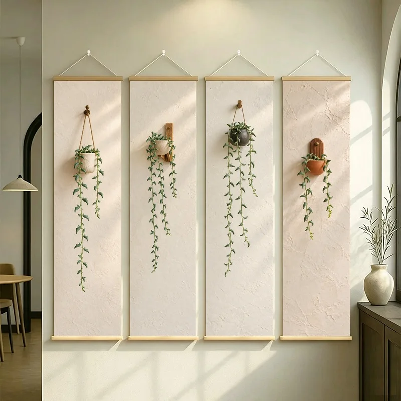 Trailing Plant Wall Art 4-Panel Green Vine Pot Hanging Scroll Set on Beige Silver Shimmer Canvas for Cozy Sunroom Decor