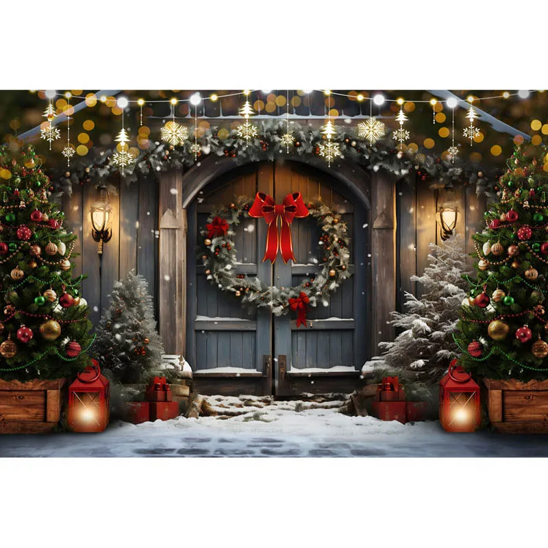 ฤดูหนาวคริสต์มาสการถ่ายภาพฉากหลังพวงหรีดไม้ประตู Street ไฟ Xmas Tree Decor พื้นหลังเด็กภาพครอบครัว