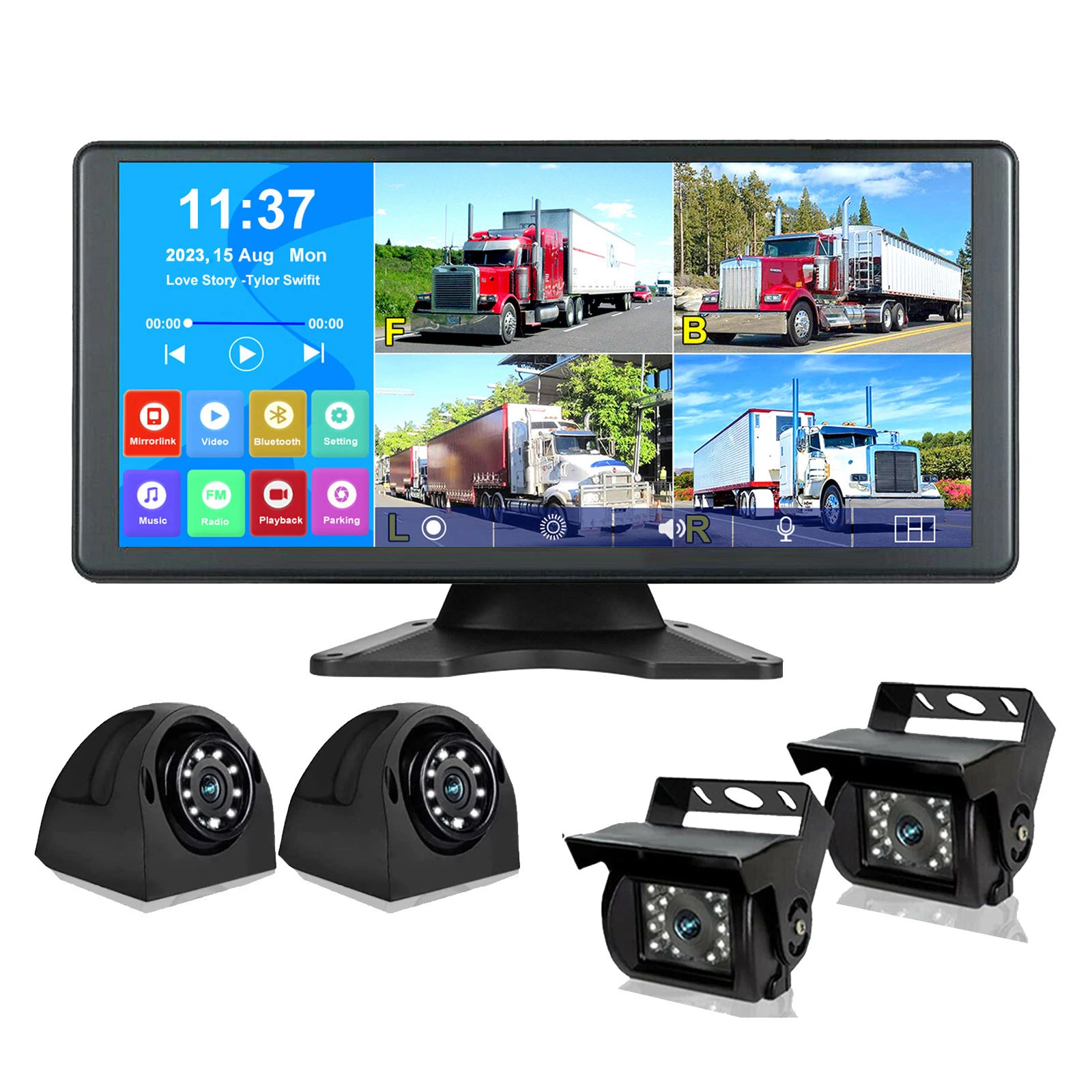 10,36 Zoll 4-Kanal AHD 1080P Kamera DVR Monitor mit Wide Surround View Bluetooth USB MP5 Player für LKW, Busse, Wohnmobile und Transporter