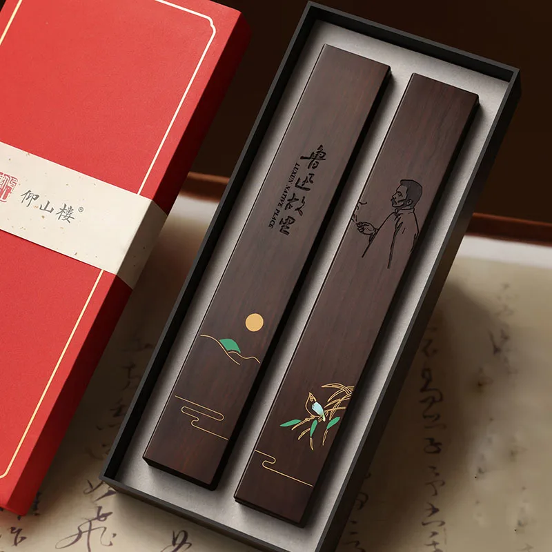 Chinese Calligraphy Paperweight Set, 1 Pair Black Ebony Wood Desk Weight with Gift Box, 22x3.4x1.9cm