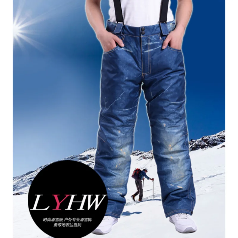 Men Denim Snowboard Pants Waterproof Insulated Ski Borad Pants Men's Winter Pants Fleece Lined Ski Snow Pants Outdoor D0257