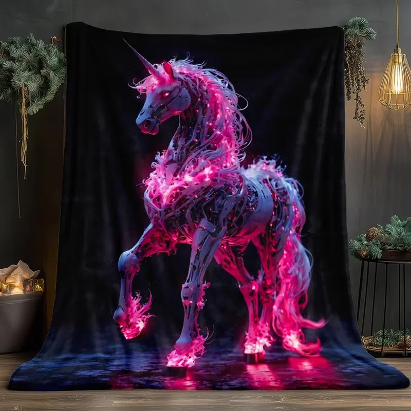 Glowing Blue Unicorn Water Lily Print Soft Flannel Throw Blanket Warm Cozy Blanket For Bedroom Sofa Kid‑friendly Home Decor