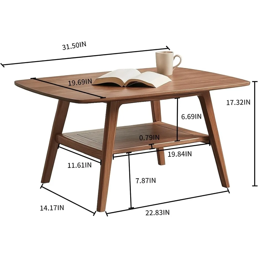 Mesa de centro de nogal de 31,5 pulgadas, mesa de té, mesas de centro pequeñas para espacios pequeños, mesa de centro de madera maciza de mediados de siglo con almacenamiento Sh