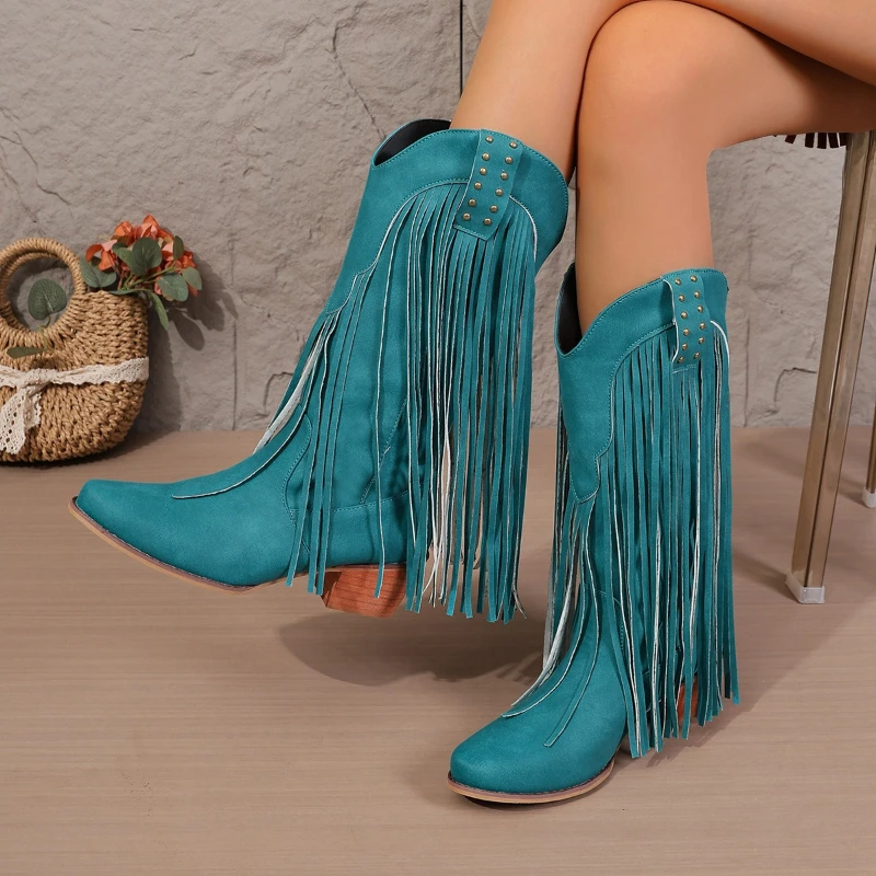 

Retro Rivet Tassels Long Boots Fringe Western Cowboy Boots Women 2025 Vintage Woman Chunky Heels Casual Boot Slip on Shoes Femal